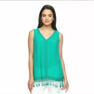 AB Studio Fringe Hem Gauze Boho Green Tank Size M